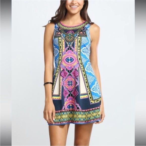 FLYING TOMATO ANTHROPOLOGIE Geometric Fit & Flare Mini Dress Cotton Size Large - Picture 7 of 8